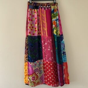 Vintage Sacred Threads Boho Patchwork Maxi Skirt Elastic Waist Mixed Print Small
